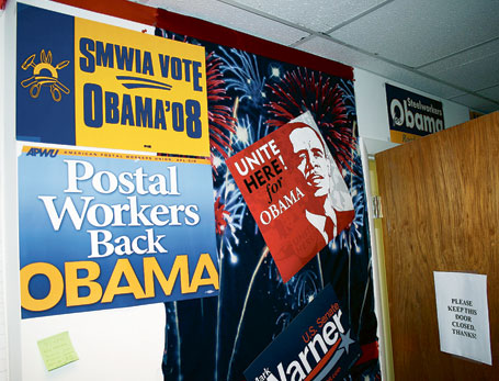 Fackliga organisationer kampanjade för Barack Obama.